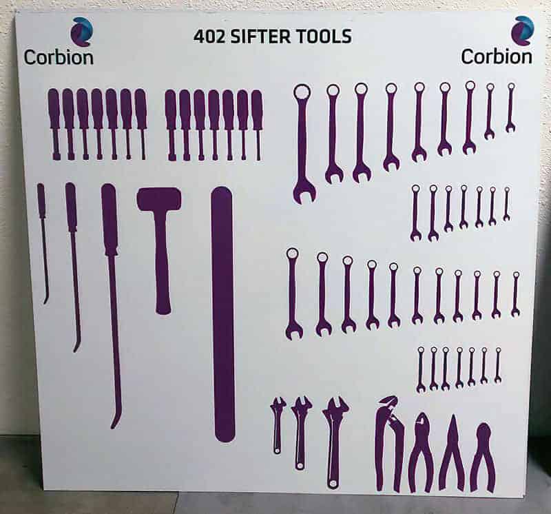 Corbion 402 Sifter Tools custom shadow board with distinct purple tool silhouettes for screwdrivers, pry bars, hammer, wrenches, and pliers