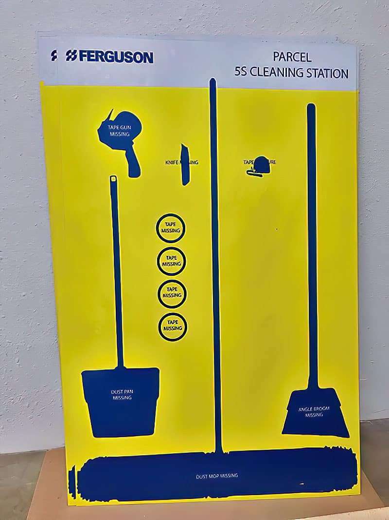 Ferguson Parcel 5S Cleaning Station in high-visibility safety yellow with bold navy tool silhouettes and explicit missing item indicators