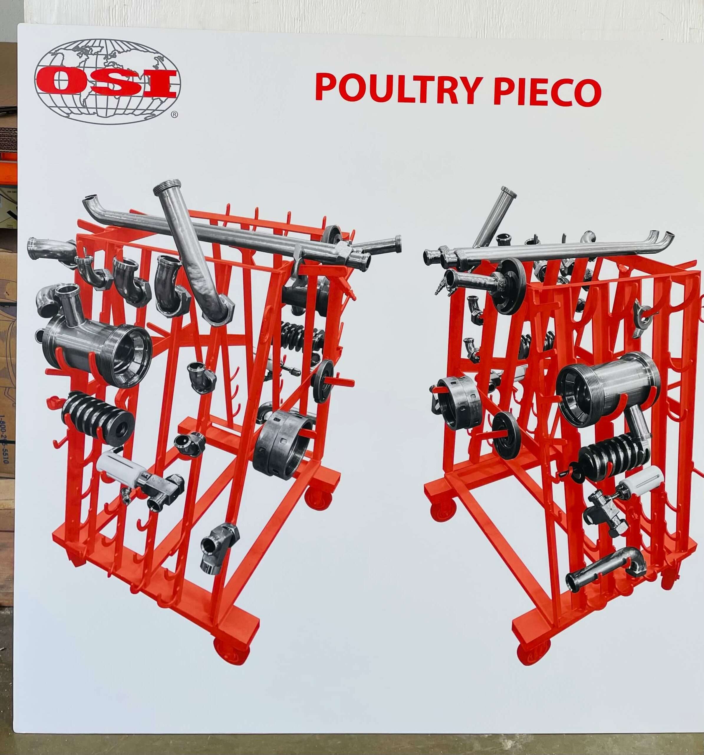 OSI Poultry Pieco sanitary washdown mobile parts carts with stainless piping, sanitary clamps, elbows, and valve bodies