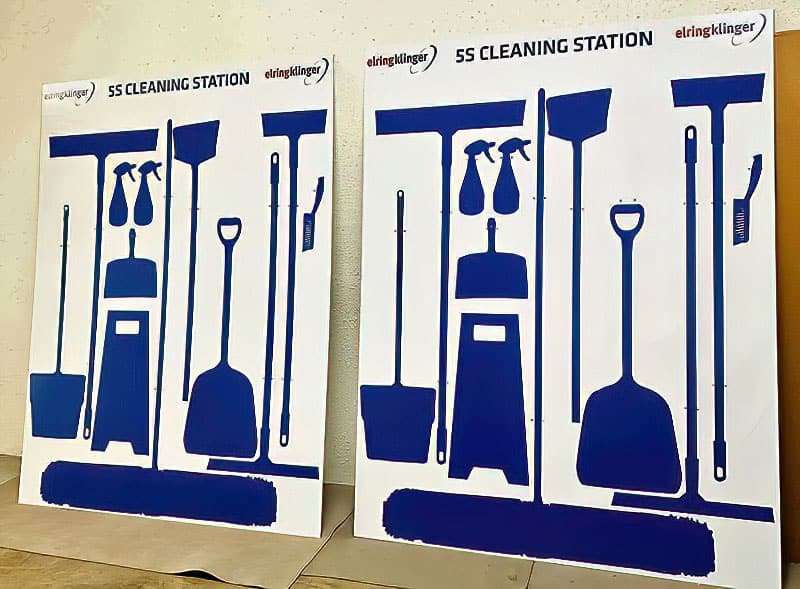 Elringklinger 5S Cleaning Station twin boards with royal blue silhouettes for floor squeegees, dual spray bottles, dustpan, caution sign, shovel, and dust mop