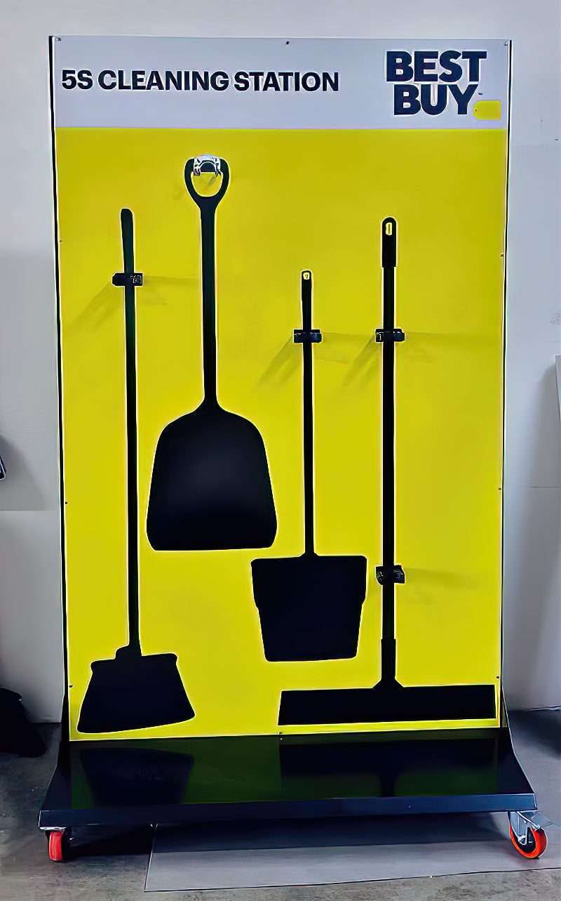Best Buy 5S Cleaning Station mobile cart with locking casters, high-contrast yellow backing, angle broom, D-handle scoop shovel, dustpan, and floor squeegee