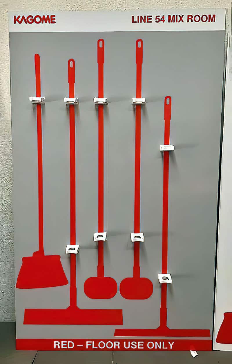 Kagome Line 54 Mix Room red food-safety color-zoned tool shadow board with 'RED - FLOOR USE ONLY' standard and stainless retention clips