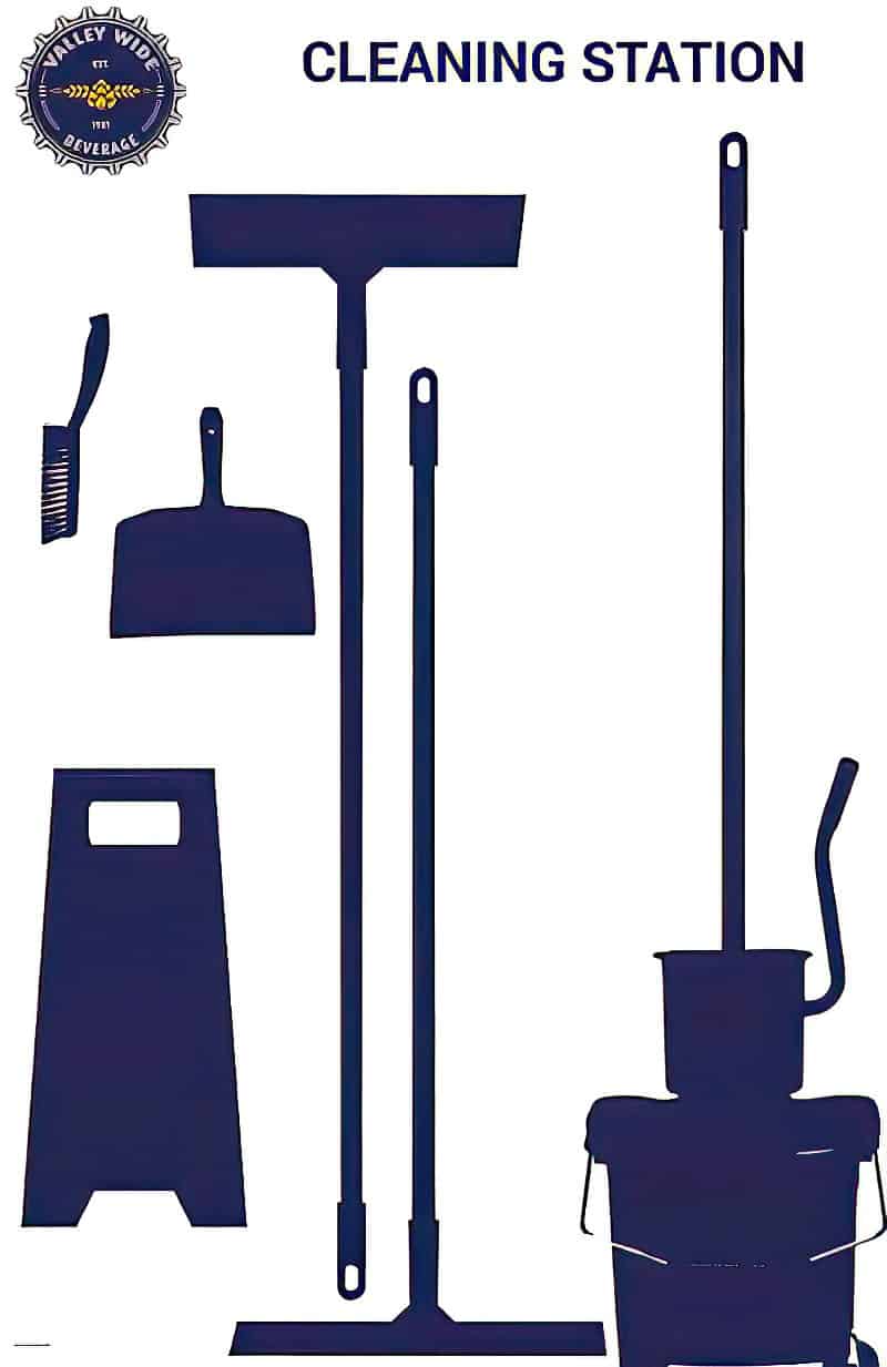 Valley Wide Beverage custom cleaning station shadow board with corporate seal and silhouettes for floor squeegees, brooms, mop bucket, and caution sign