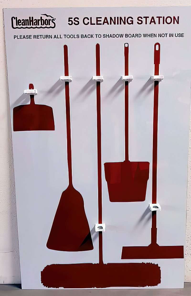 Clean Harbors 5S Cleaning Station with maroon tool shadows on white composite for push broom, upright dustpan, floor squeegee, and counter brush