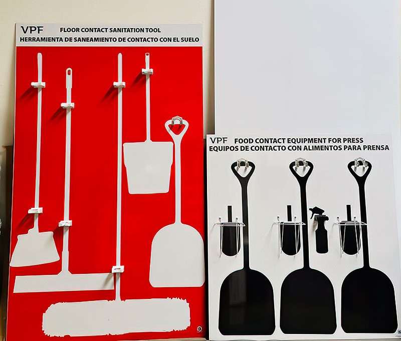 VPF Floor Contact Sanitation Tool red station and Food Contact Equipment for Press white station with bilingual English Spanish headers and wire baskets