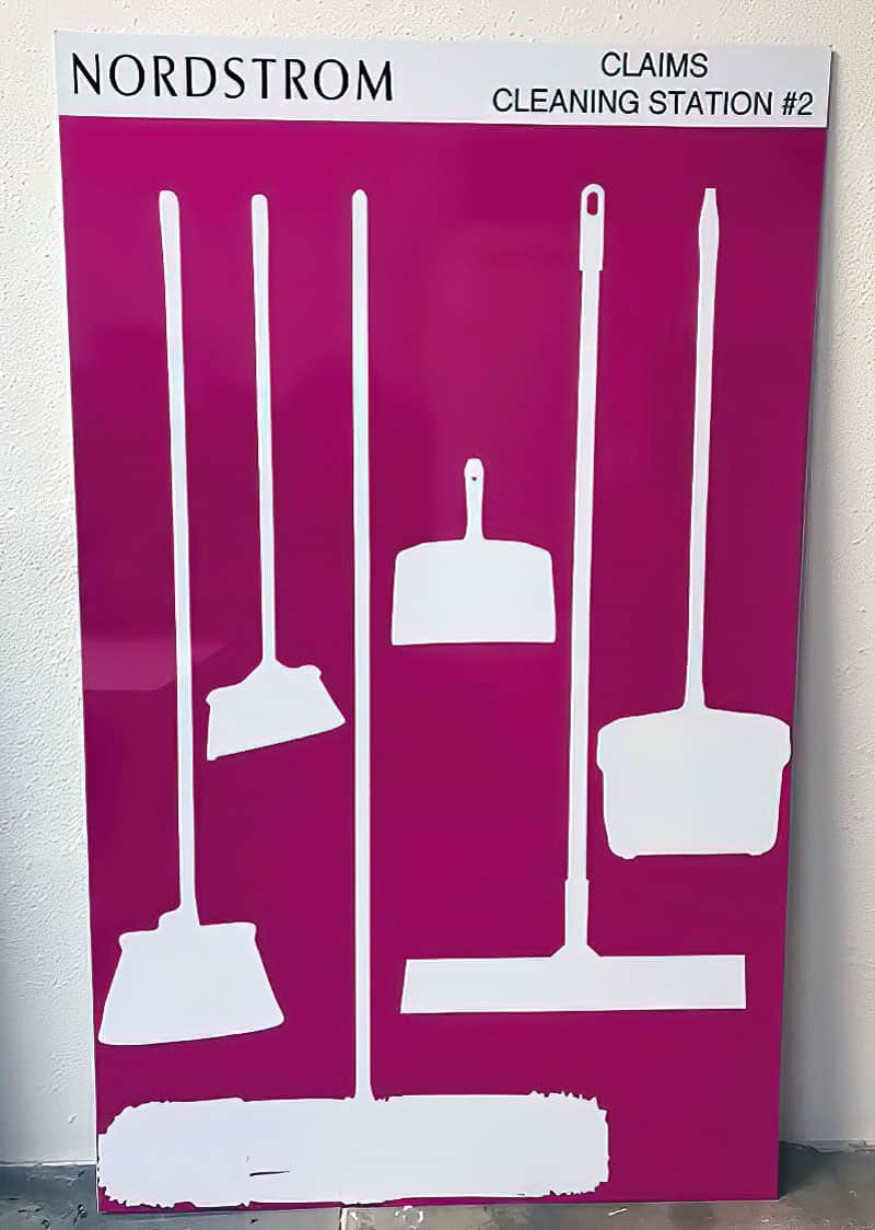 Nordstrom Claims Cleaning Station Number 2 high-contrast magenta 5S tool shadow board with crisp white silhouettes