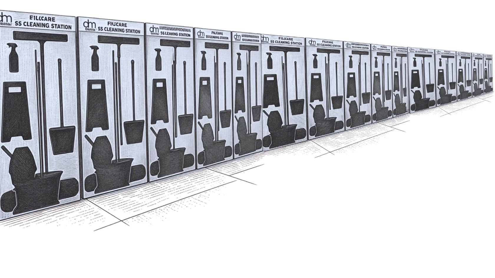 Fillcare 5S cleaning stations lined up in production showcasing facility-wide visual management boards