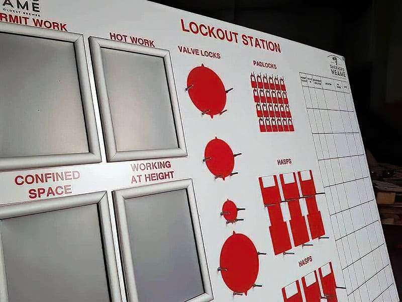Shepherd Neame Permit Work and Lockout Station board with hot work, confined space, working at height permit frames, lockout padlocks, valve locks, and hasps