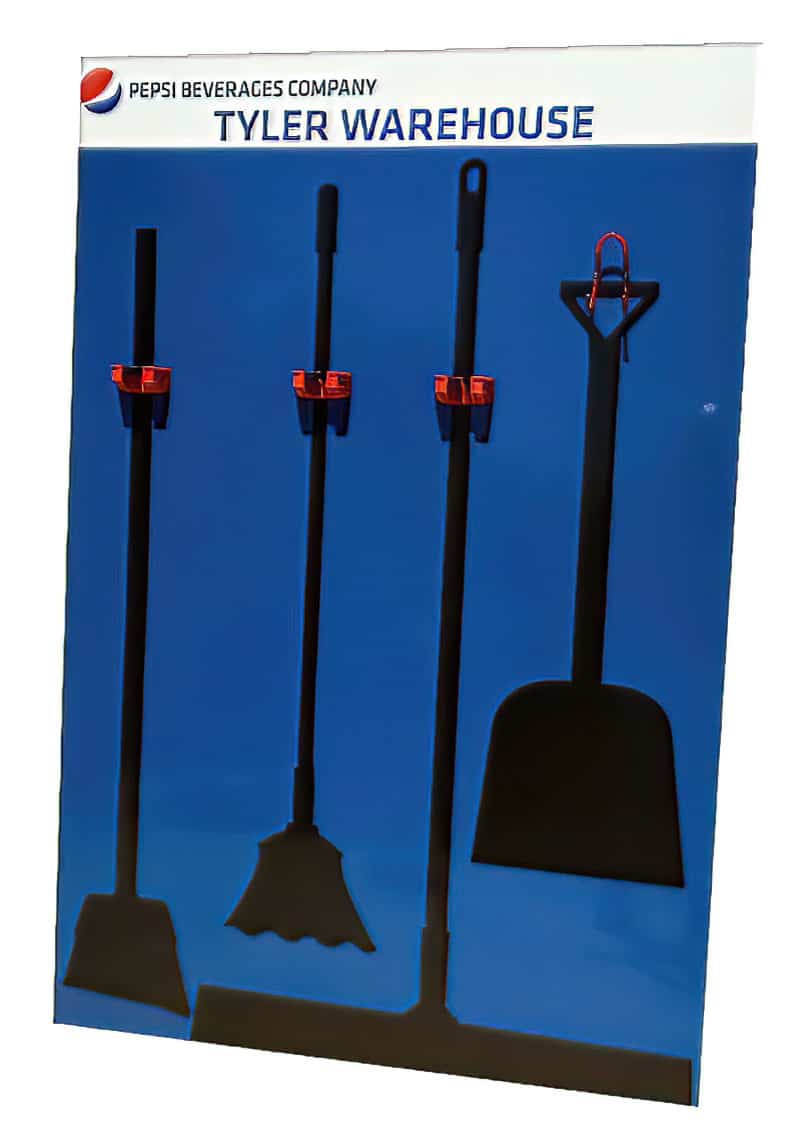 Pepsi Beverages Company Tyler Warehouse custom royal blue cleaning station shadow board with heavy-duty tool clamps