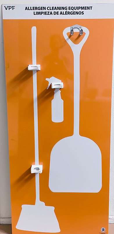 VPF Allergen Cleaning Equipment bilingual English Spanish orange shadow board with white silhouettes for broom, spray bottle, and scoop shovel