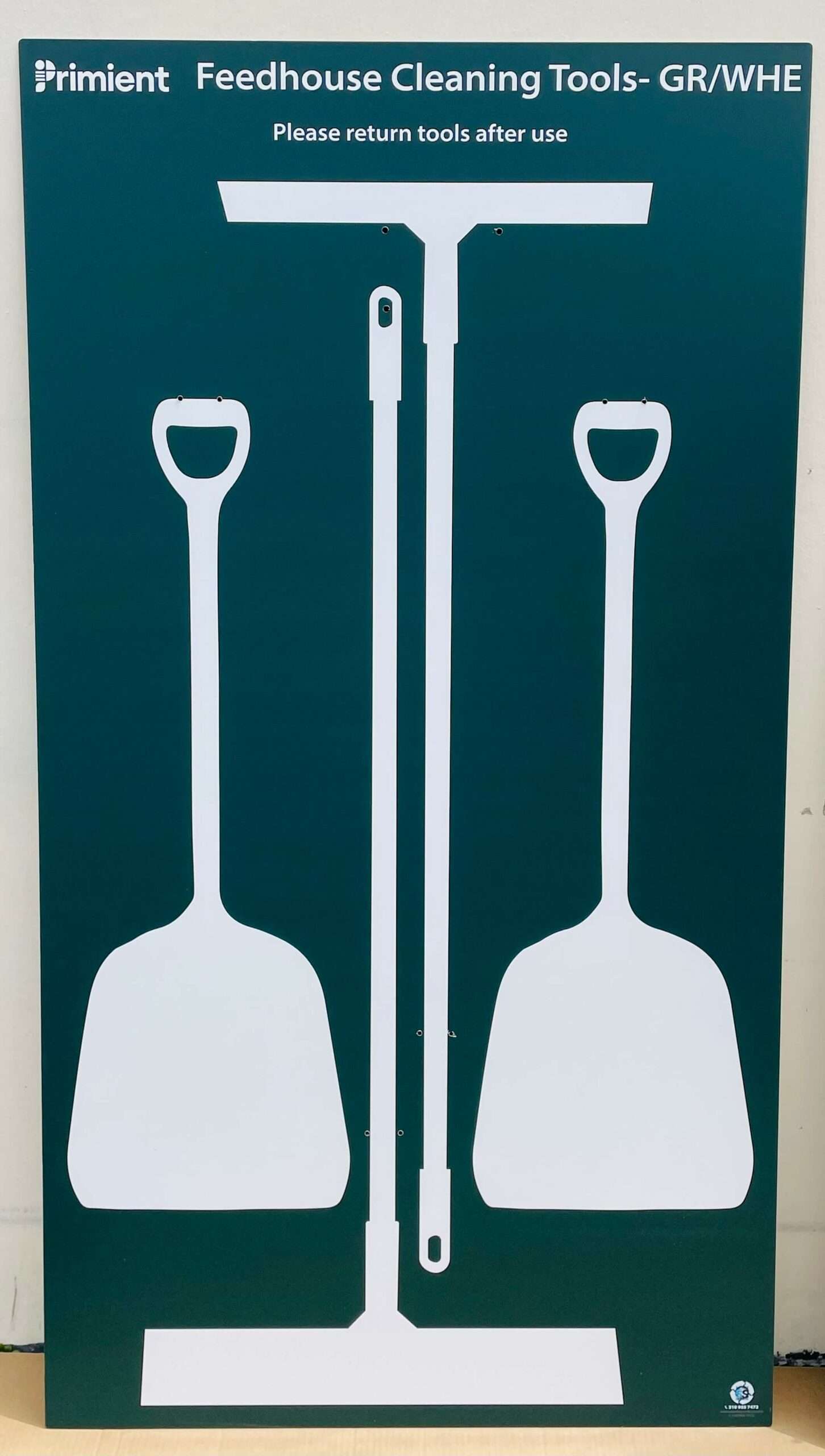 Primient Feedhouse Cleaning Tools deep teal 5S shadow board with white silhouettes for dual D-handle scoop shovels and dual floor squeegees