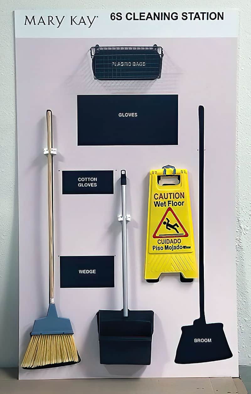 Mary Kay 6S Cleaning Station custom shadow board with wire basket for plastic bags, glove pockets, broom, dustpan, and wet floor sign