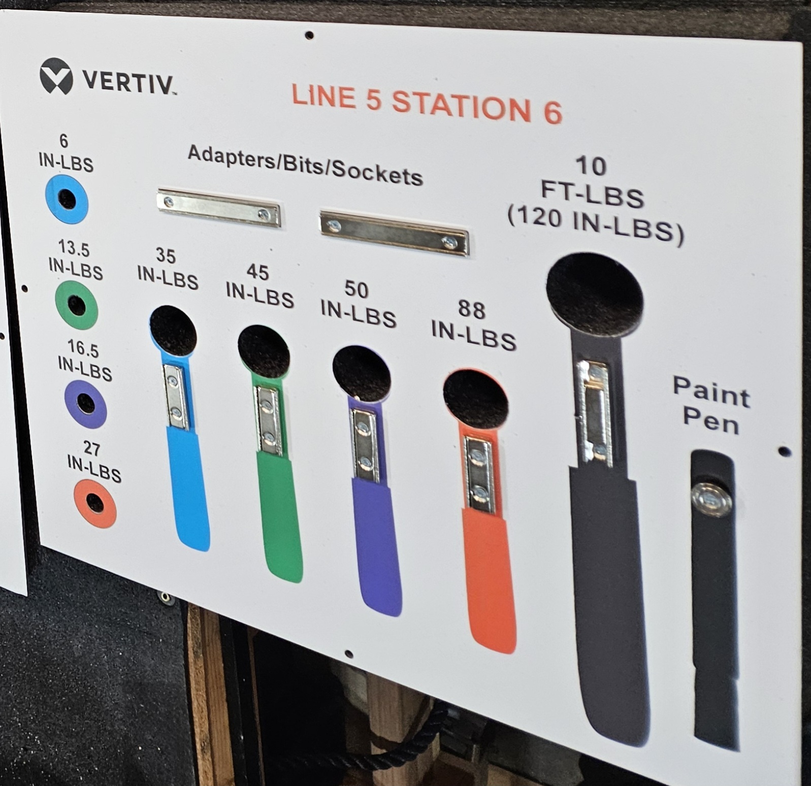Vertiv Line 5 Station 6 precision torque tool shadow board with color-coded in-lbs torque ratings, magnetic bit strips, and through-hole tool holsters