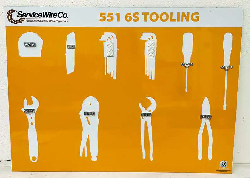 Service Wire Co. 551 6S Tooling high-contrast safety yellow shadow board with crisp white silhouettes and spring retention clips for hand tools