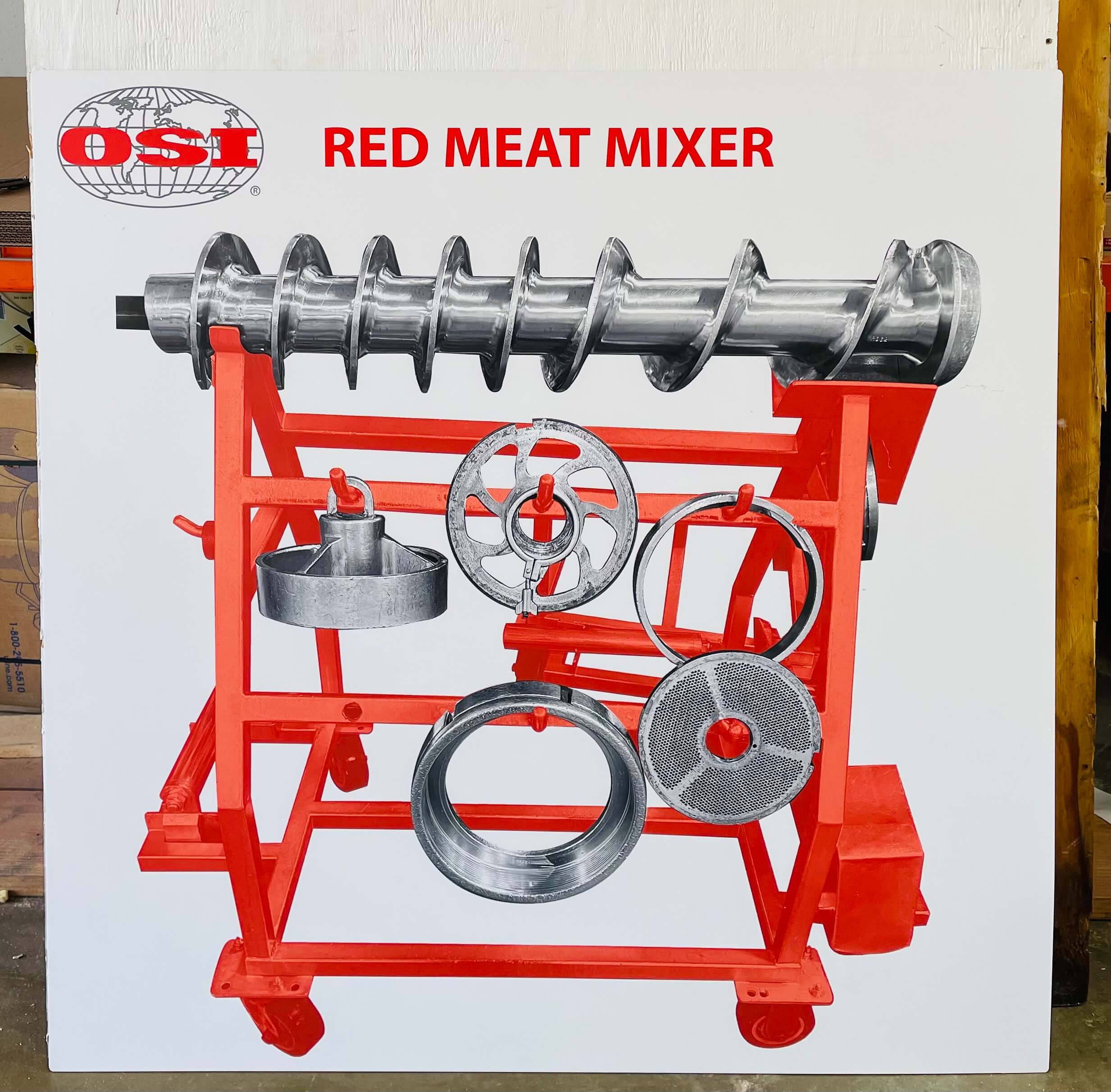 OSI Red Meat Mixer heavy equipment changeover board with grinding auger screw, cutter head, plate, and barrel nut