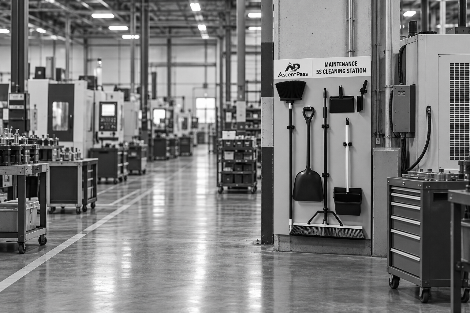 AscentPass maintenance 5S cleaning station mounted on a facility pillar in an active manufacturing facility