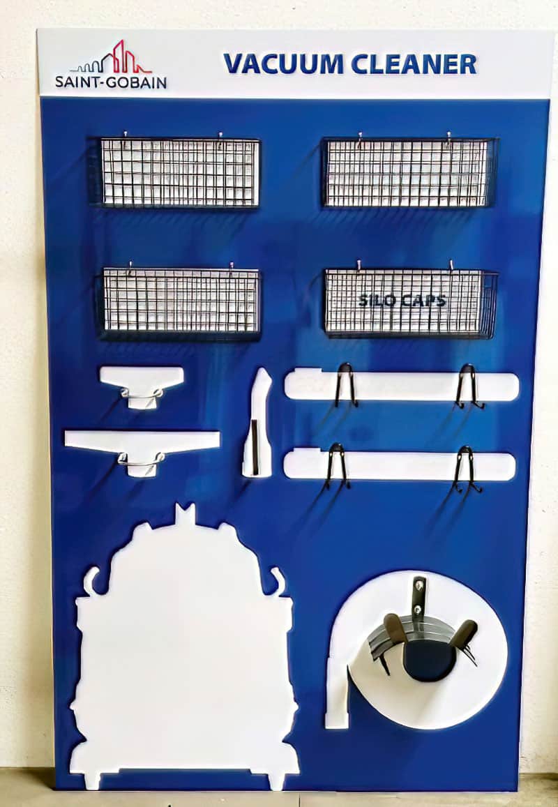 Saint-Gobain vacuum cleaner and silo caps tool shadow board with wire baskets and hose brackets