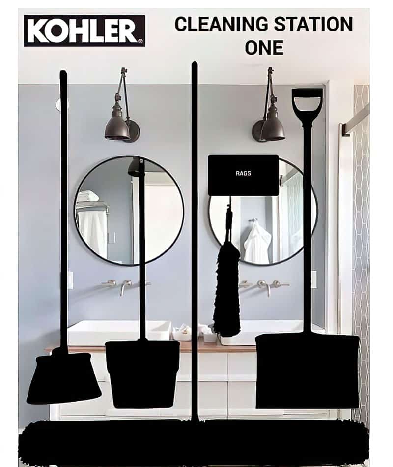 Kohler Cleaning Station One custom shadow board with silhouettes for brooms, dustpan, shovel, dust mop, and rag storage