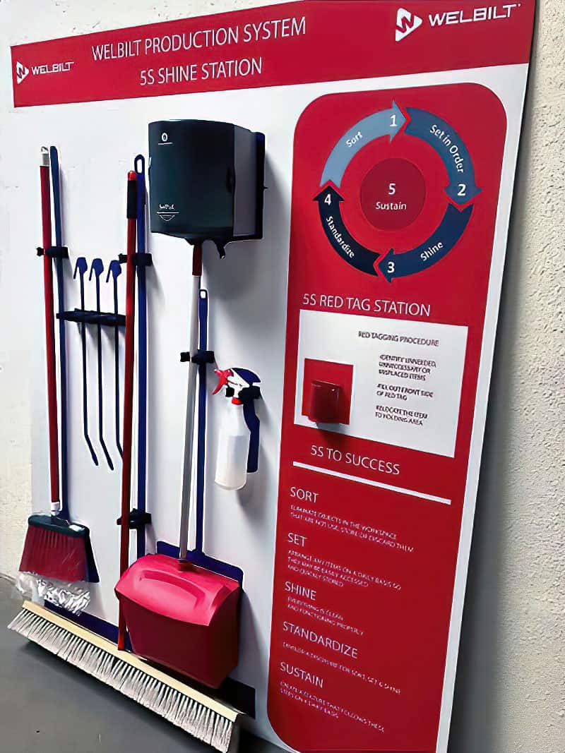 Welbilt Production System 5S Shine Station with continuous improvement wheel, 5S red tag dispenser pocket, and cleaning tools