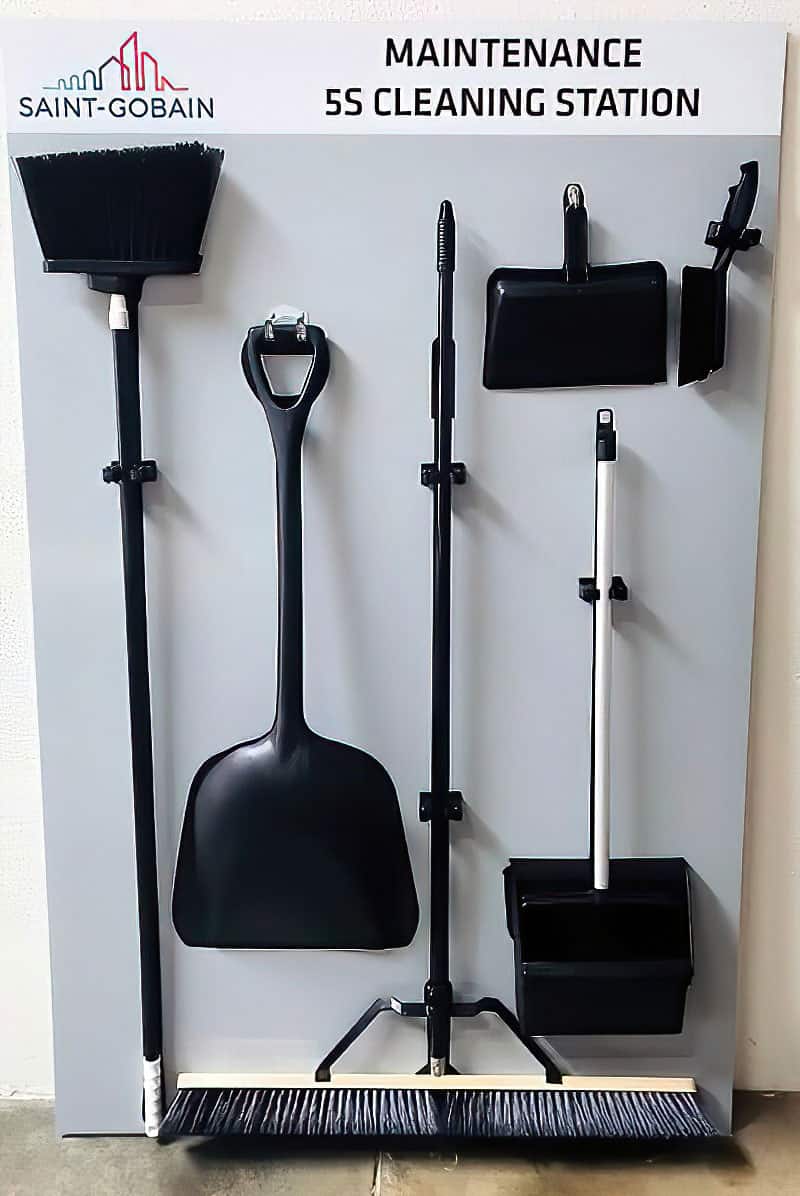 Saint-Gobain Maintenance 5S Cleaning Station board with black industrial tools securely mounted over shadow profiles