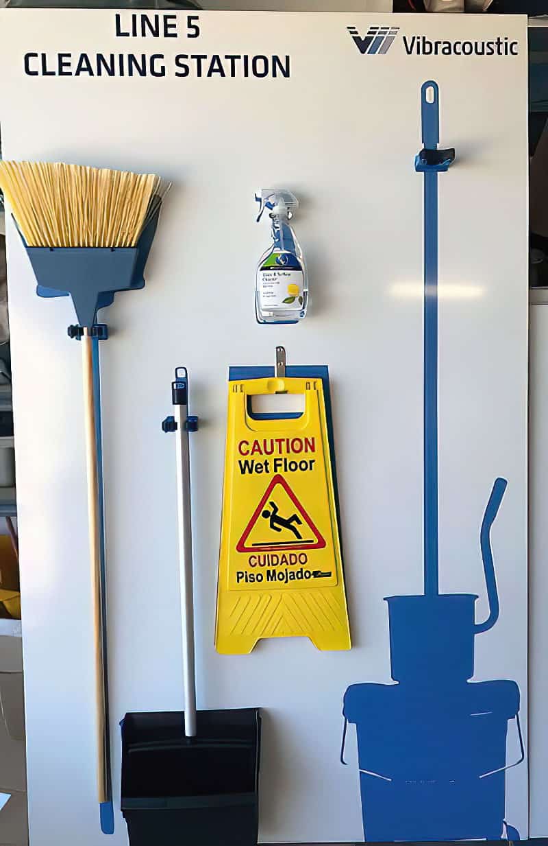 Vibracoustic Line 5 Cleaning Station custom shadow board with wet floor sign bracket and mop bucket silhouettes