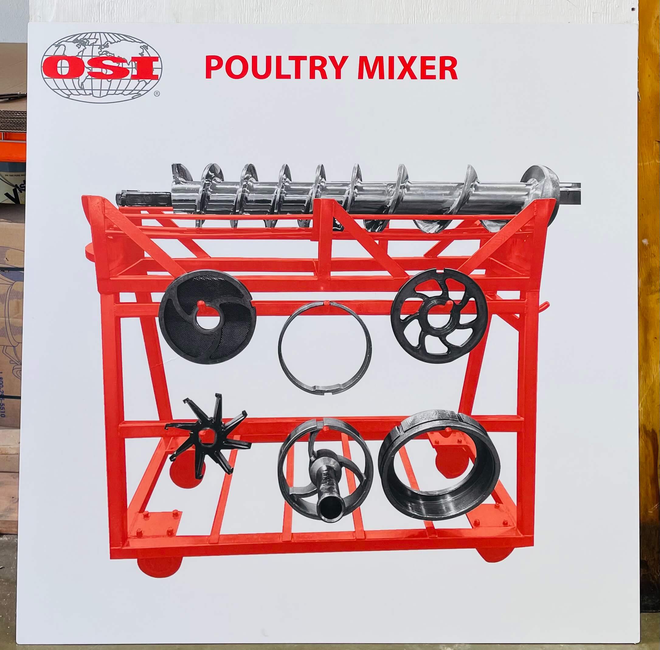 OSI Poultry Mixer equipment changeover board with heavy stainless auger screw, extrusion plates, cutting star, and retention rings