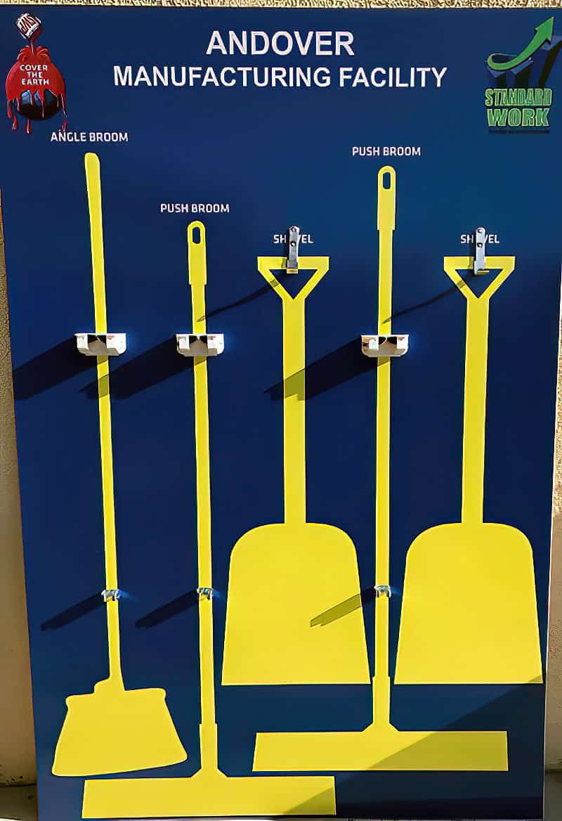 Sherwin-Williams Andover Manufacturing Facility standard work 5S tool board with yellow broom and shovel shadows