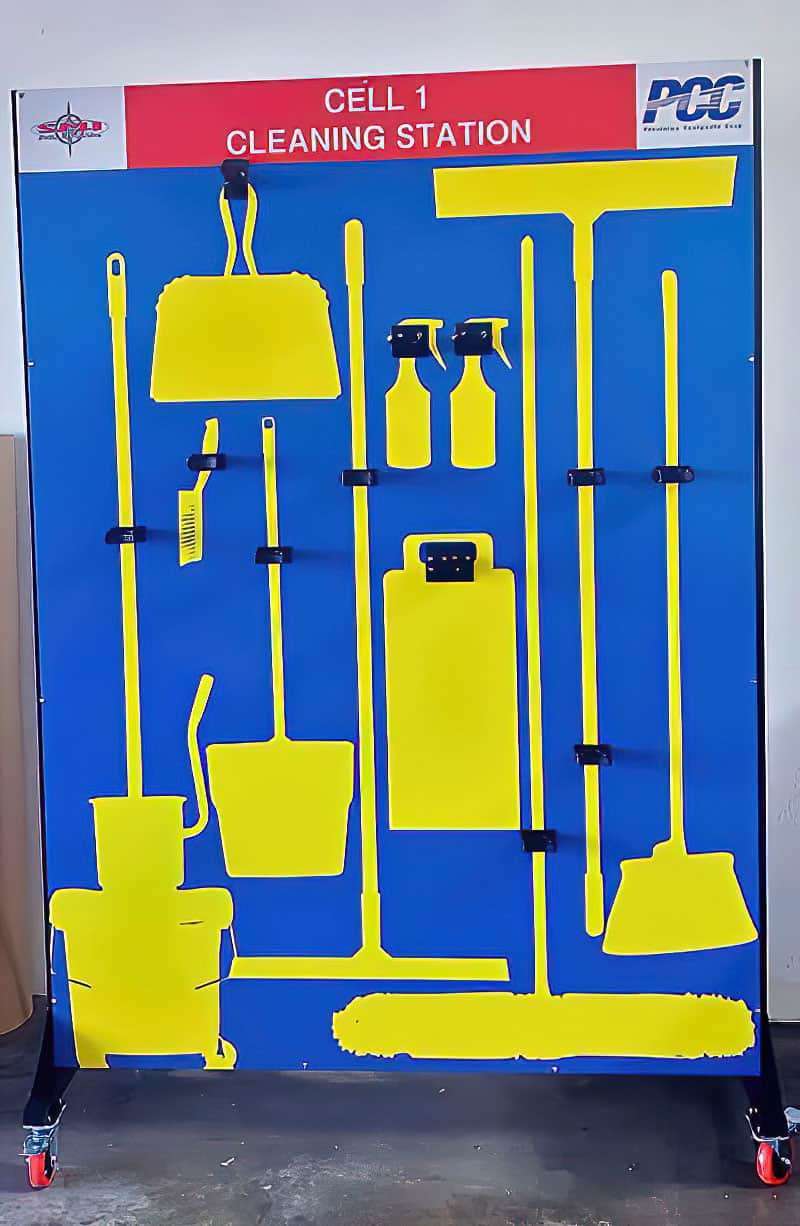 PCC SMI Cell 1 mobile cleaning station cart with industrial casters, bright yellow tool shadows, and custom brackets