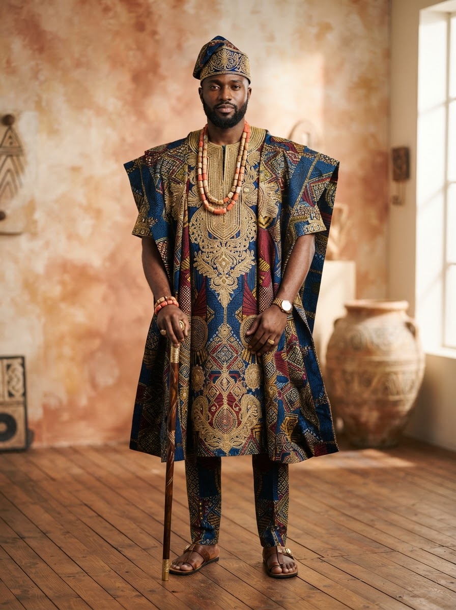 Man wearing elegant African traditional attire with gold embroidery