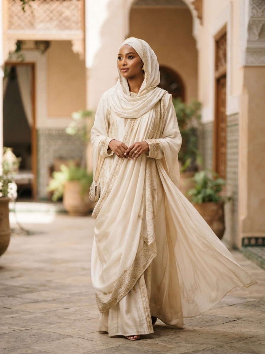 Modestly dressed woman wearing a stylish hijab and abaya