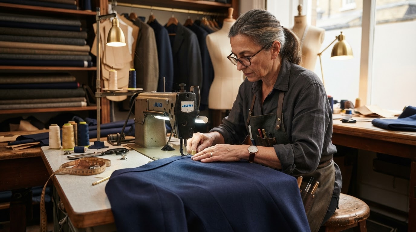 Professional tailor working at a sewing machine with navy fabric
