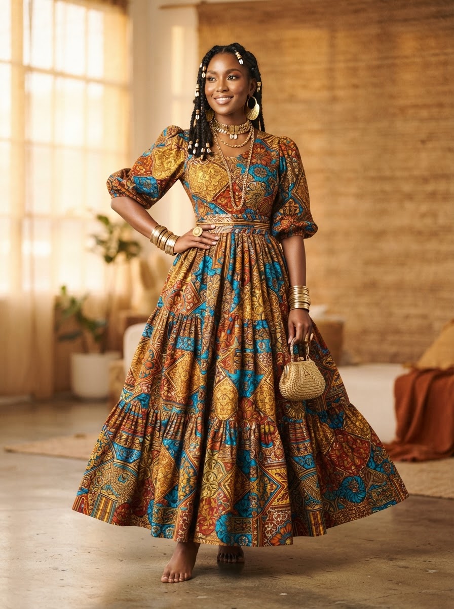 Woman wearing an elegant African Ankara outfit