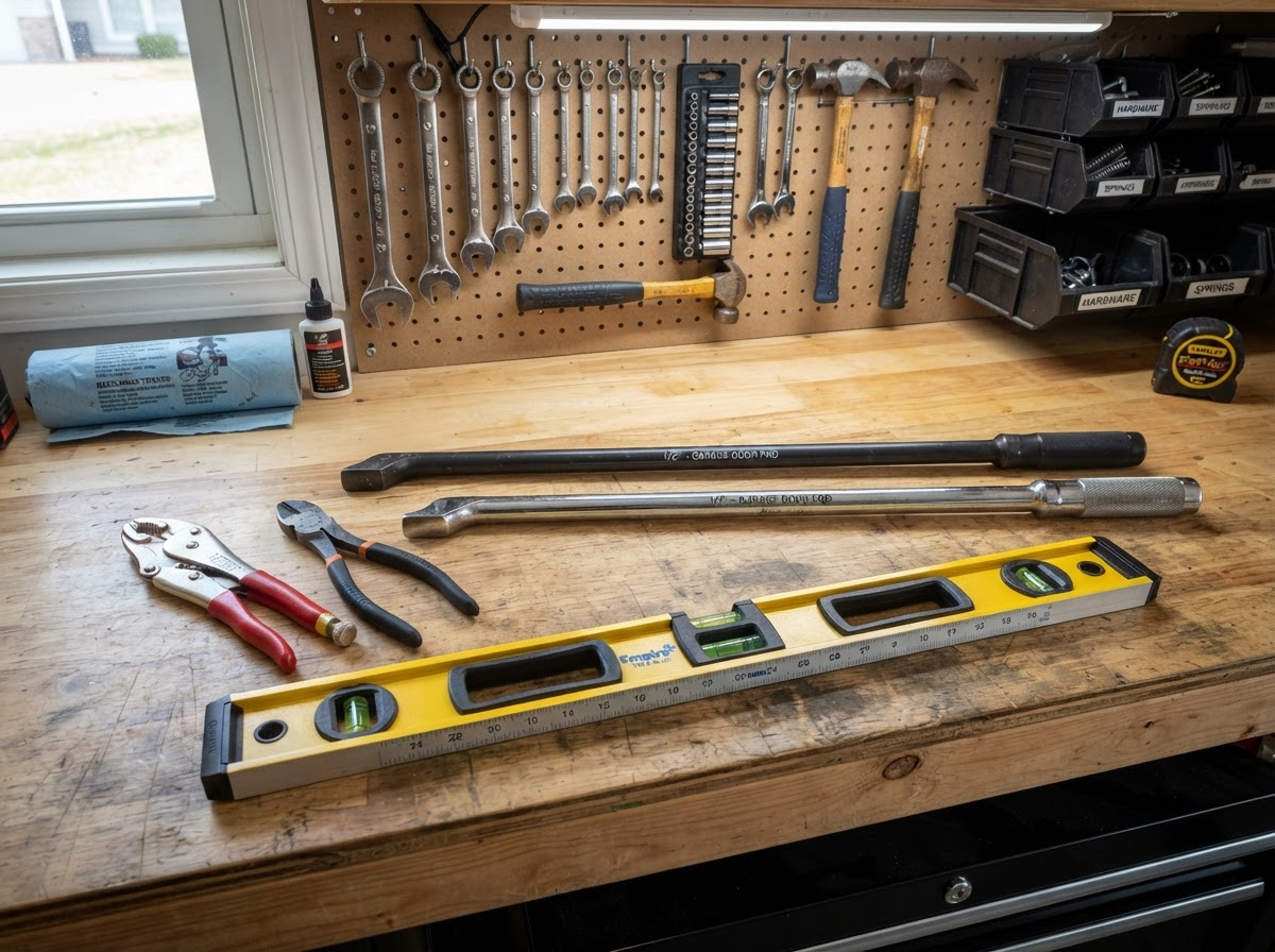 Garage door repair tools laid out for service