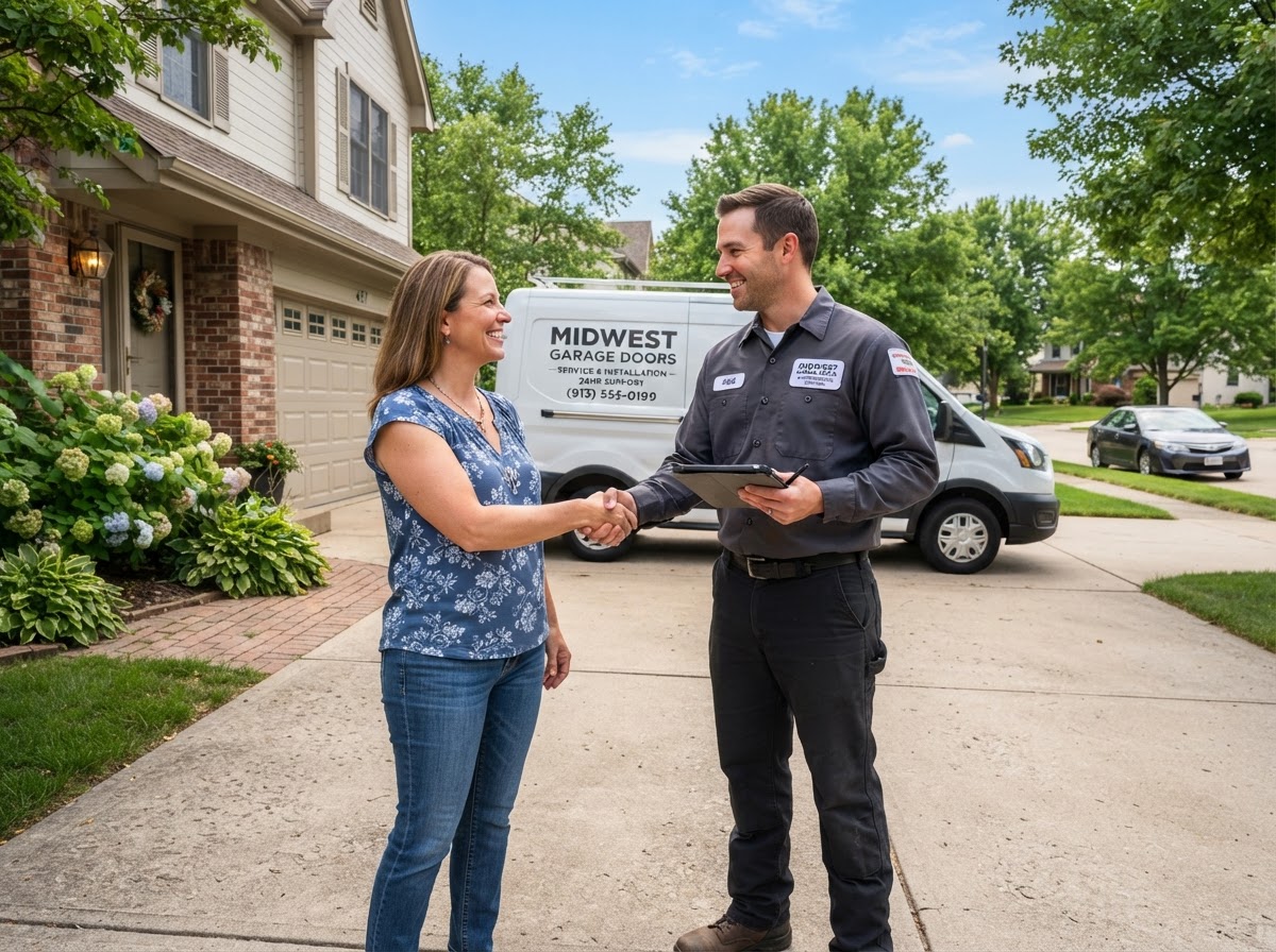 Garage door technician greeting a homeowner in a Blue Springs driveway