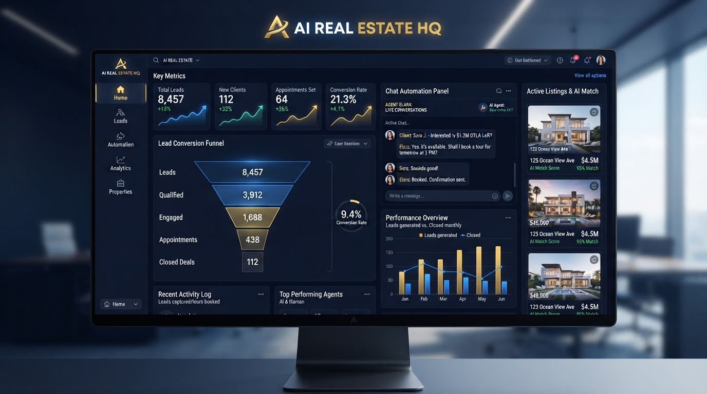 Dashboard de IA de Inkapta mostrando métricas de conversión y chat automatizado de leads inmobiliarios