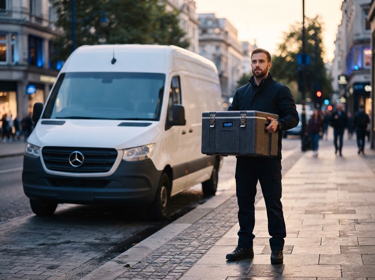 Professional courier transporting a secure delivery box