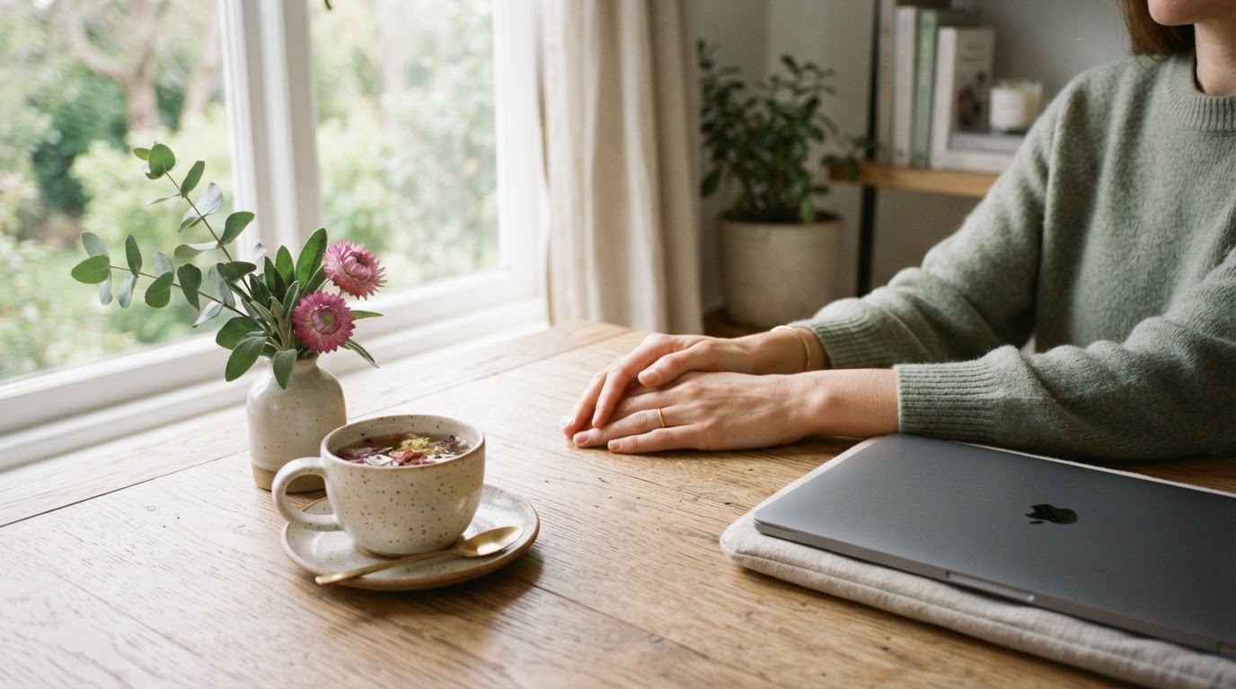 Ruhende Hände auf einem hellen Holztisch neben einer Tasse Kräutertee und grünen Eukalyptuszweigen, ein zugeklappter Laptop am Rand, warmes natürliches Morgenlicht, friedliche meditative Stimmung