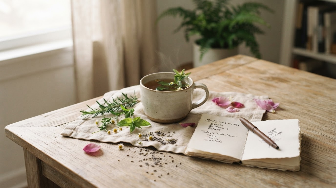 Ruhige Stillleben-Aufnahme mit Kräutertee, frischen grünen Kräutern und einem Notizbuch auf einem hellen Holztisch, warmes natürliches Licht, sanfte Naturtöne