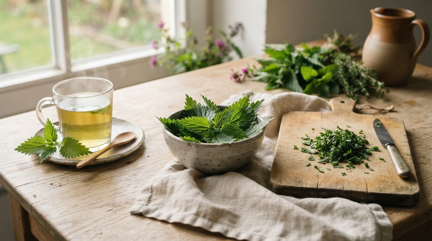 Frische Brennnesselblätter in einer kleinen Keramikschale auf einem hellen Holztisch, daneben ein Schneidebrett mit grünen Kräutern, ein Glas grünem Kräutertee und sandcremefarbenem Leinentuch, warmes natürliches Morgenlicht, friedliche meditative Stimmung