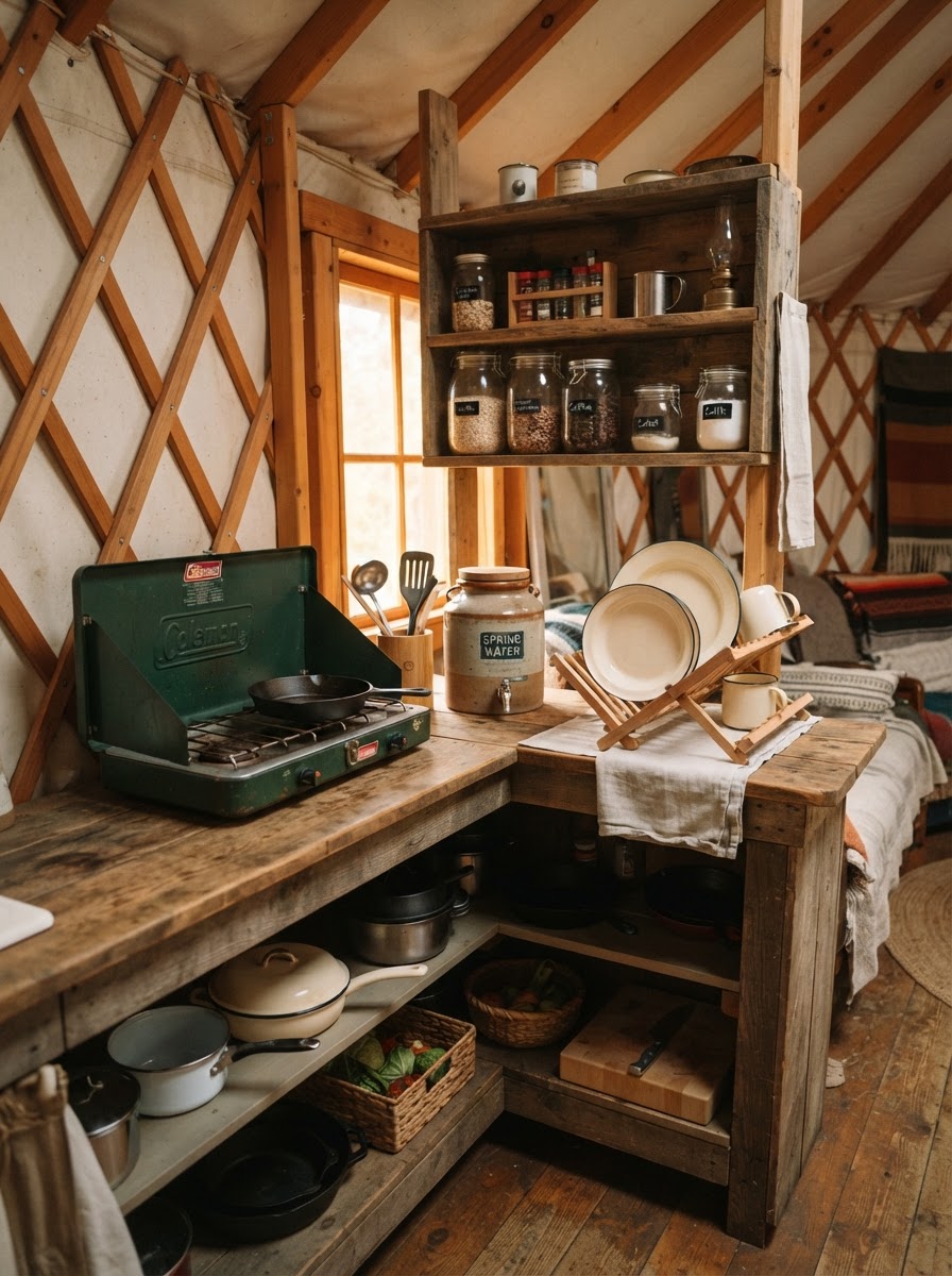 Small rustic camp-style kitchen inside the yurt