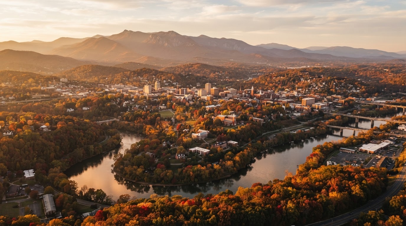 Lynchburg, Virginia at golden hour with the Blue Ridge Mountains