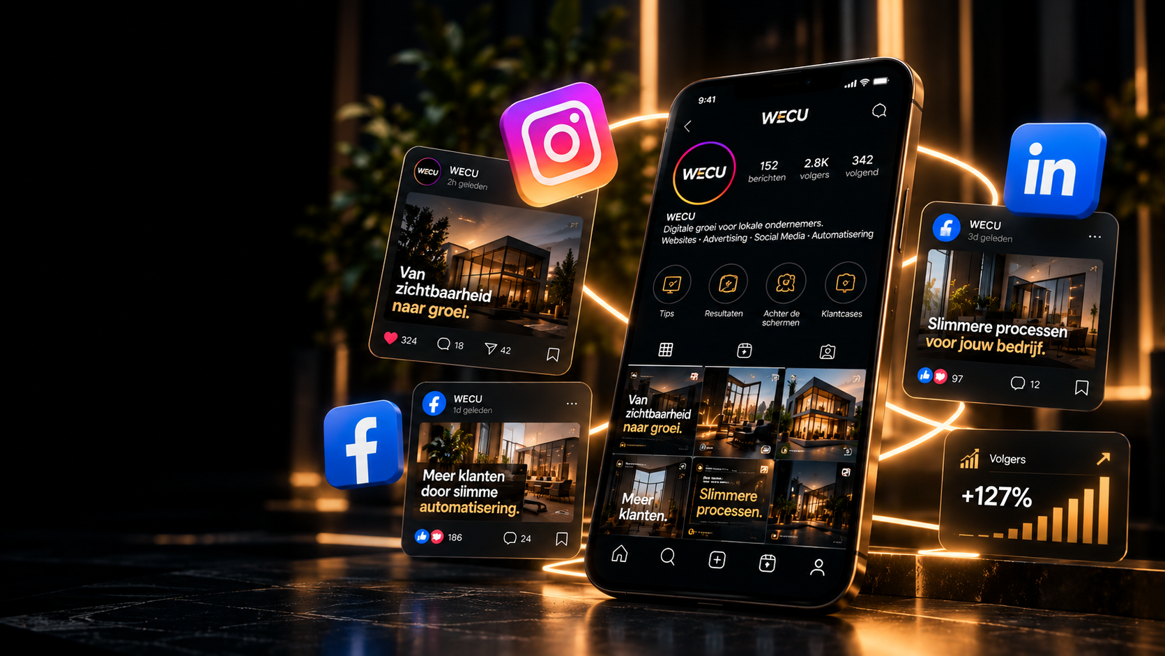 WECU — Social media (Smartphone & social media feed met Instagram, Facebook en LinkedIn)