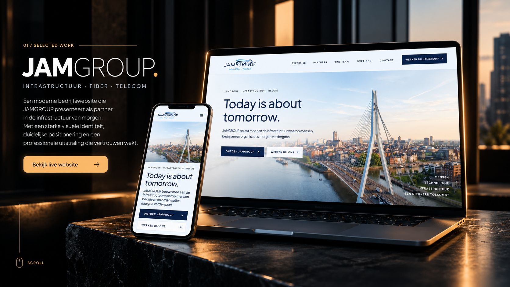 WECU Portfolio — JAMGROUP. Infrastructuur, Fiber & Telecom website case met laptop, smartphone en brugfoto