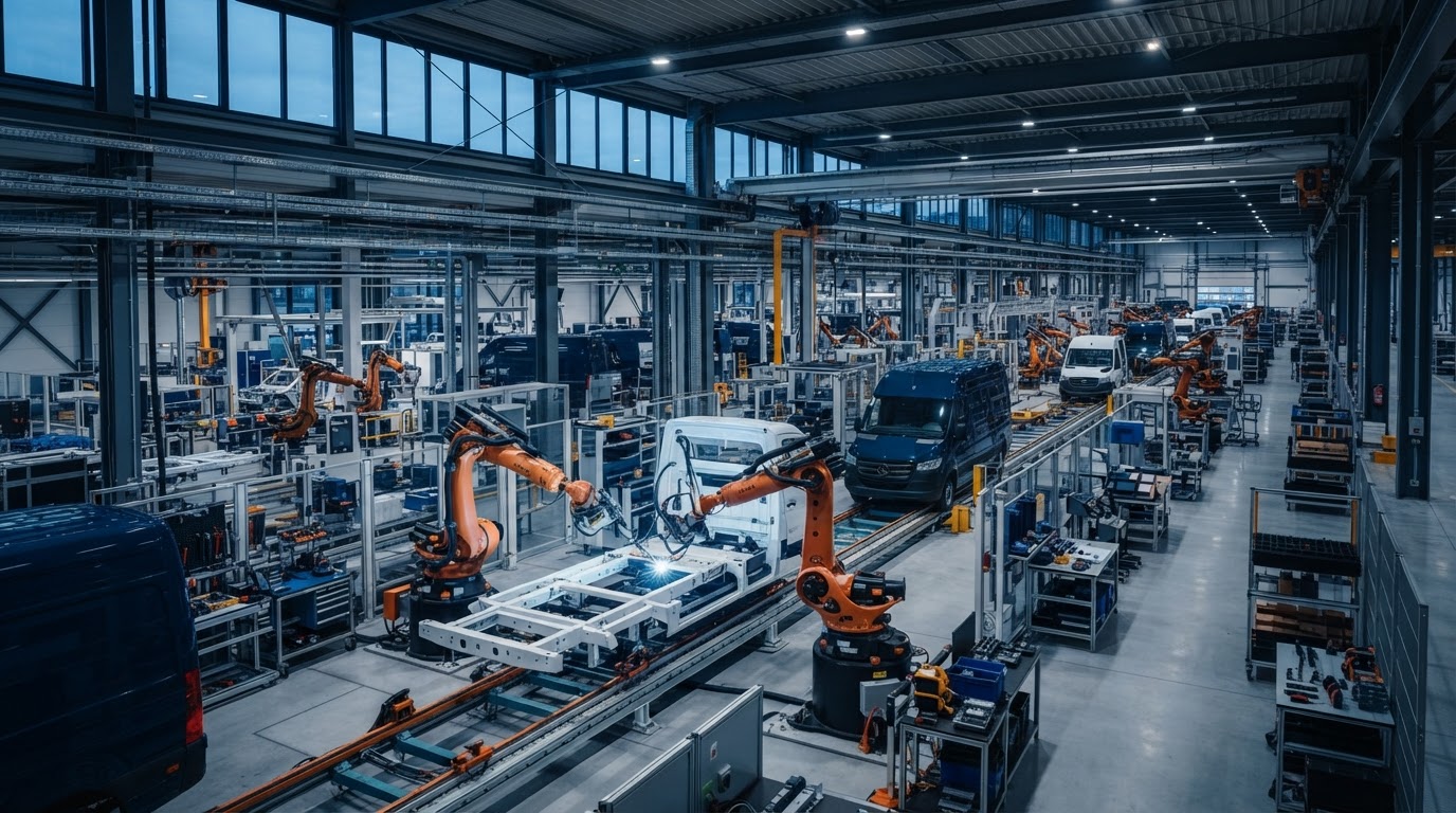 Modern manufacturing facility with electric vehicle assembly lines