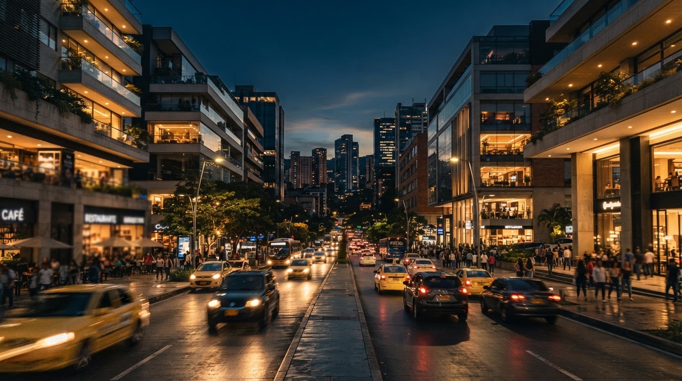 Colombian urban commercial environment at golden hour