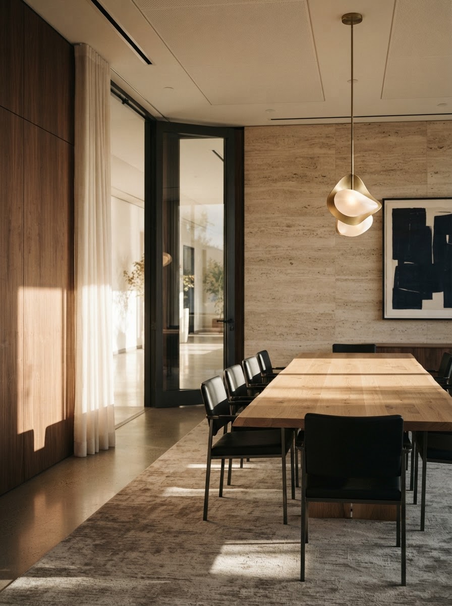 A refined contemporary meeting room with warm natural light and an open doorway, suggesting purposeful access.