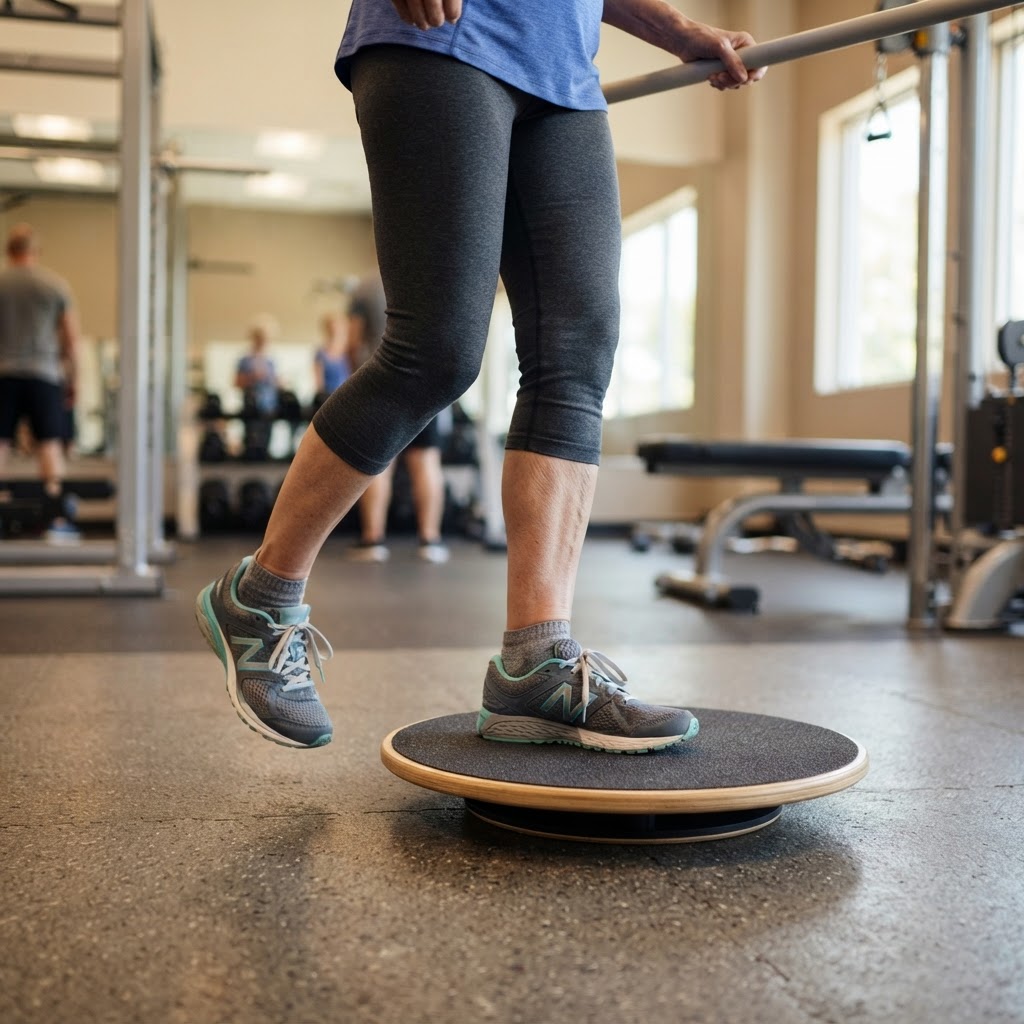 Close-up of feet stepping onto a platform during a balance exercise