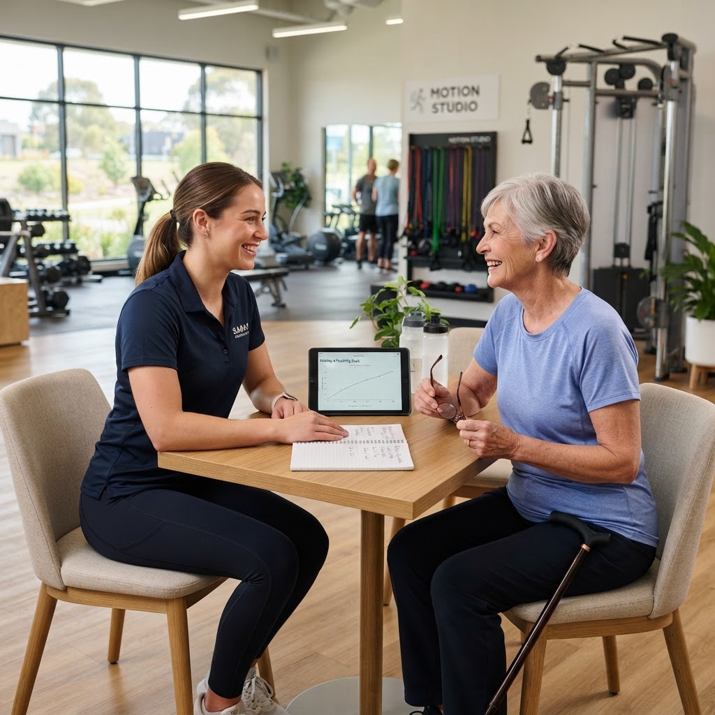 Woman meeting with her Anytime Fitness Clayton Heights coach to start the Ageless Program