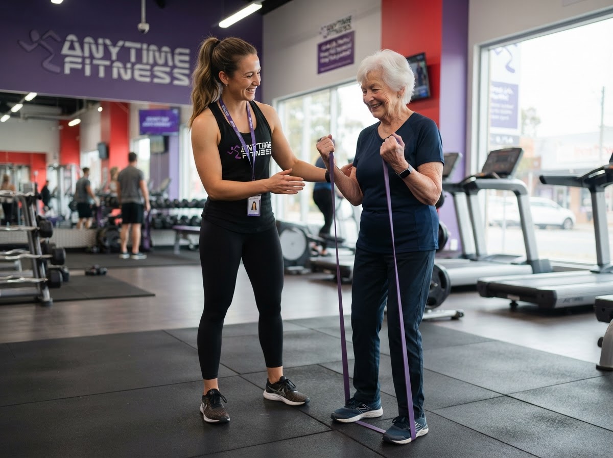 Coach guiding a woman through a strength exercise during an Ageless Program session