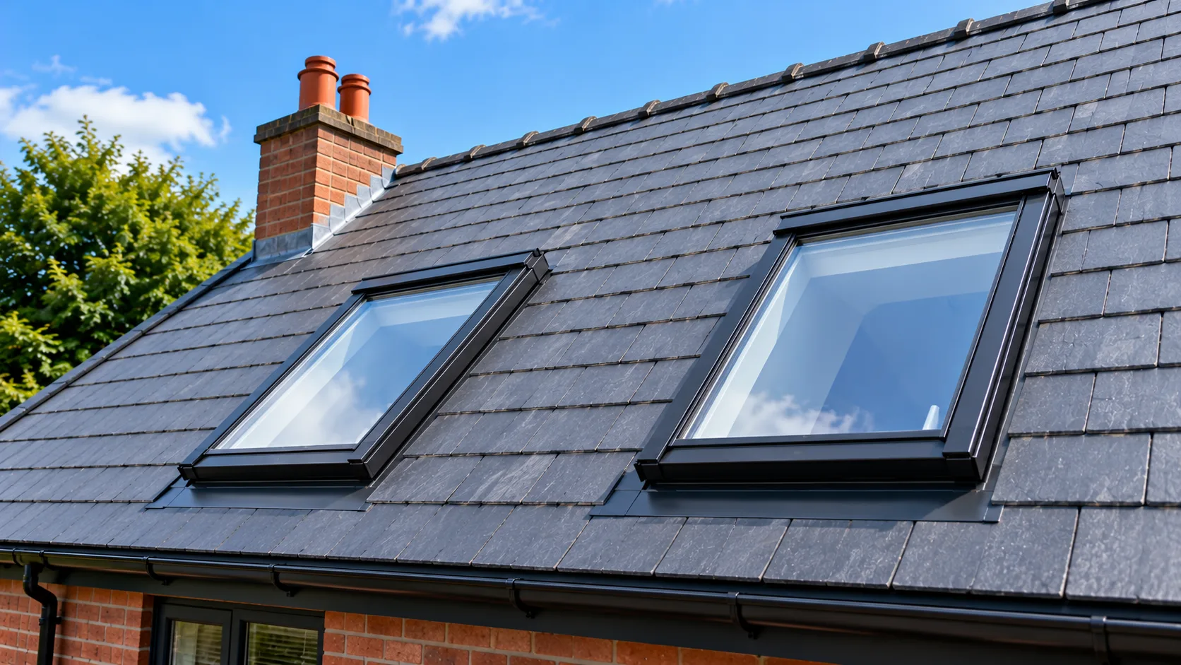 Finished slate roof with two roof windows by Wales Roofing in Mansfield